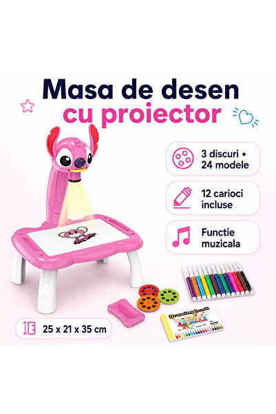 ASN Masa de desen cu proiector Stitch, roz, 24 modele, 12 carioci, functie mu...