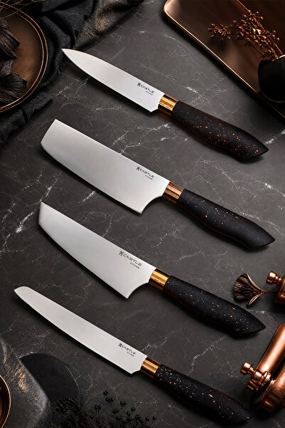 CASTLE KITCHEN Black Copper 4 Lü Mutfak Bıçağı Et Ekmek Sebze Mutfak Şef Bıça...