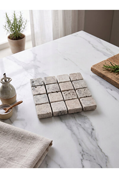 Kaelite Mozaik Mermer Bardak Altlığı 10 x 10 cm - Doğal Taş Tasarım Sunum Alt...