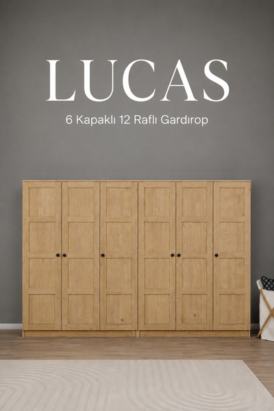 midoser Lucas 6 Kapaklı, 12 Raf Bölmeli, Askılıklı Geniş Elbise Dolabı, Gardı...