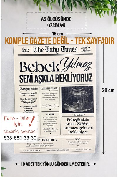 Pankart Evi Bebek Partisi Anı Gazete Sayfası 10 adet - A5 ölçüsü Tek Yön - Babyshower Cinsiyet Partisi Bebek Müjde