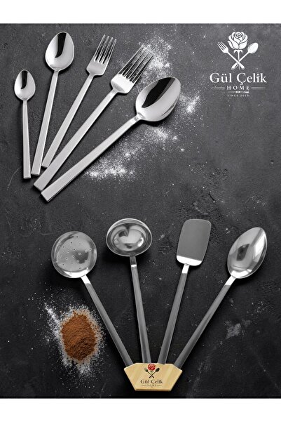 Gül Mutfak 34 Piece 6-Person Steel Flat Fork, Spoon and Serving Set 18/0
