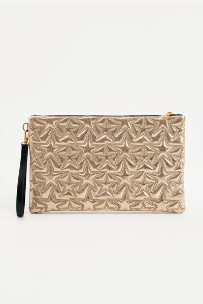 Ecrou Star Patterned Gold Shiny Portfolio & Clutch Bag with Removable Wrist S...