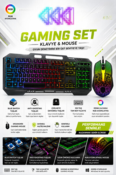 CROW'S TECH Lord 2in1 Rgb Işıklı Oyuncu Klavye Işıklı Klavye Mause Set Gaming...