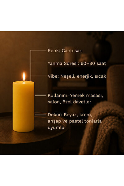 Homery Silindir Baton Mum Sarı Renk 17 Cm 7 Çap Mum