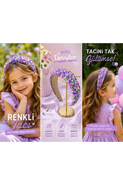 Darya DD744 Mor Şekerli Renkli Konfeti Desenli Taç