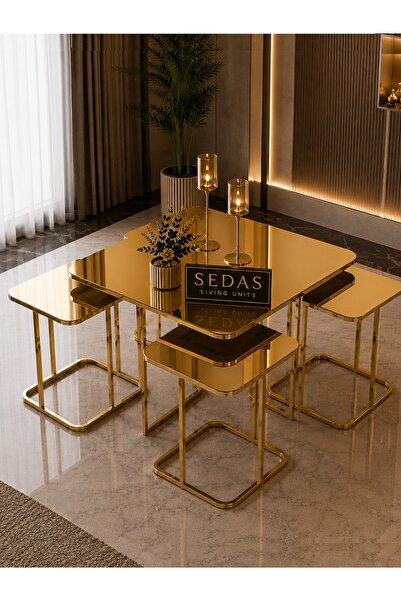 SEDAŞ LIVING UNITS Luxury Gold Aynalı Orta Sehpa Takımı 4+1 5'li set_lüx_seda...