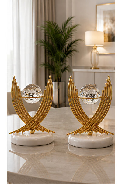 Meralles 2'li Lüks Gold Dekoratif Mermer Ayaklı Kristal Küre Obje Modern Şık ...