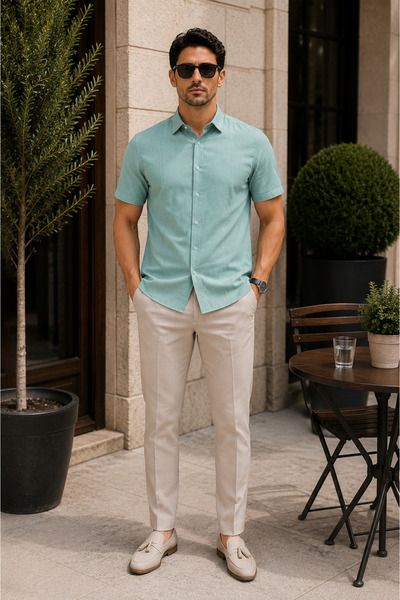 COLVIS MAN Slim Fit Erkek Keten Gömlek Kısa Kol Yazlık Dar Kesim Günlük Şık G...