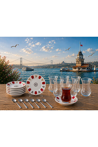 AYBABA STORE 18 Piece Acem Tea Cup Set Authentic Red for 6 People