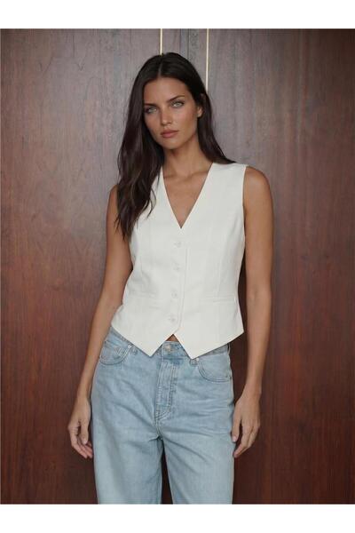 WeShaya Ecru Woven Short Sleeve Polyester Fabric Buttoned V-Neck Slim Fit Vest