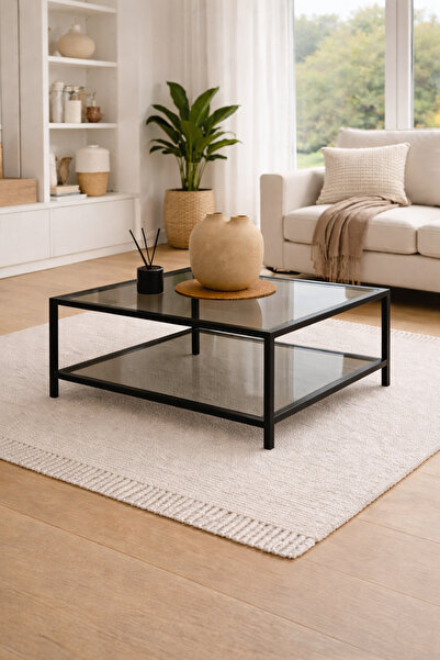 Trendmiz Lunox Modern Metal Gövdeli 2 Katlı Cam Orta Sehpa 55x55x50 cm Siyah ...