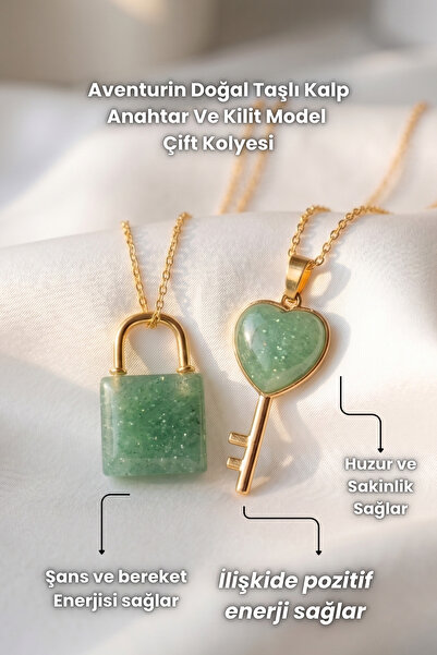 Elifsu Jewelry طقم قلادة مزدوجة من حجر الأفينتورين الطبيعي على شكل قلب مع مفت...