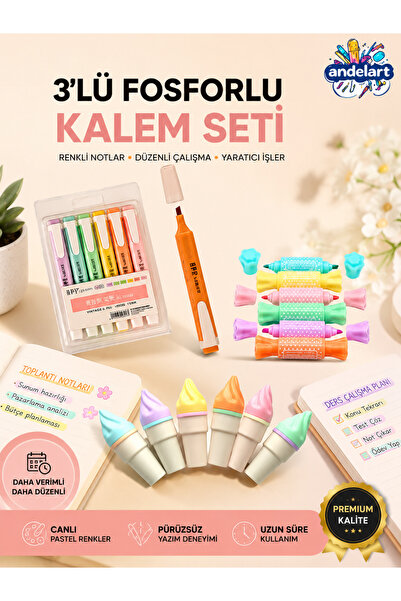 andelart Mini 3 Parça Fosforlu Kalemler Seti - Dondurma - Şeker - Macaron Fos...
