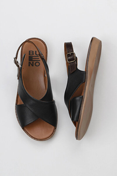 Bueno Shoes Sandale plate de damă din piele neagră 01wu8213