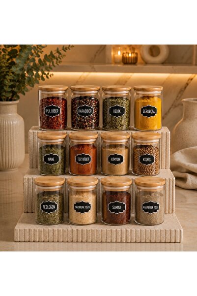 Kitchen Pembelia 12'li Etiketli Bambu Kapaklı 250 ml Cam Vakumlu Baharatlık Seti
