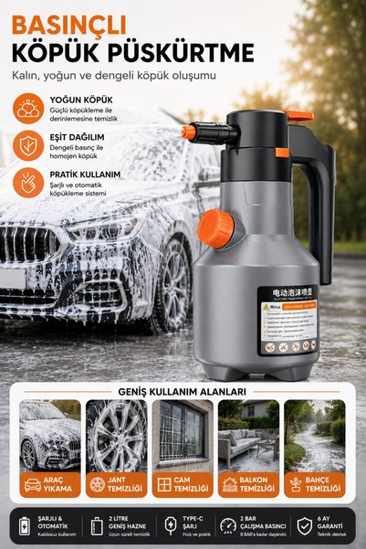 CONOCER 2 Litre Yoğun Köpük Püskürtücü Şarjlı Otomatik Basınçlı Oto Yıkama Makinesi Yandan Dolum 60° Açılı