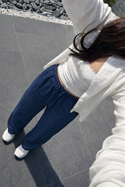 DAMGA JEANS بنطلون نسائي فاخر من الكتان باللون الأزرق الداكن مناسب للصيف