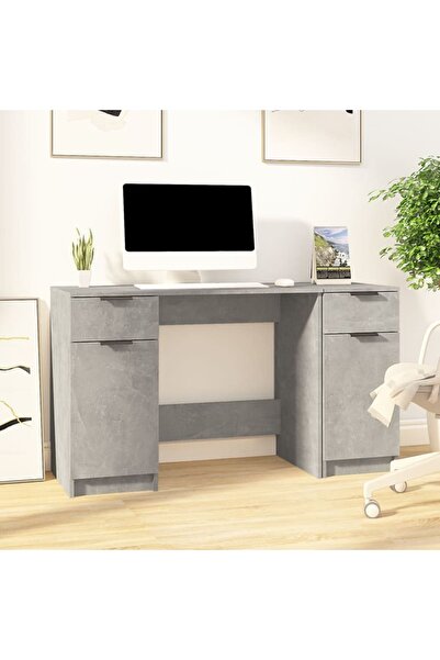 Concept Birou cu dulap lateral, gri beton, lemn prelucrat