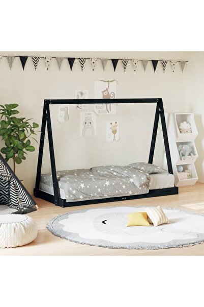 Concept Cadru de pat pentru copii, negru, 80x160 cm, lemn masiv de pin