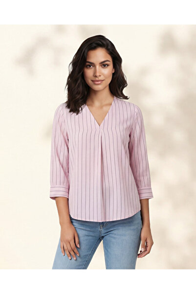 REDTAG Women Pink Striped V Neck Casual Blouse