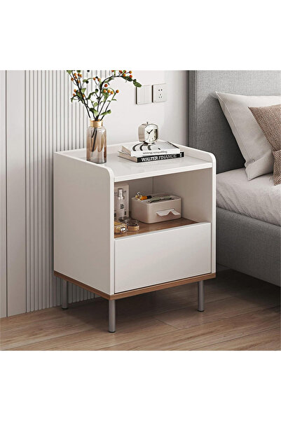KEKE Modern Scandinavian Bedside Table with Open Shelf & Drawer | White Night...