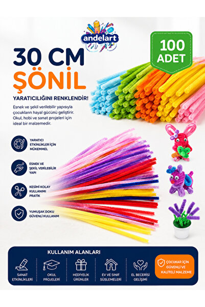 andelart 100’lü Ekonomik Renkli Şönil - 30 cm Tüylü Esnek Tel Çubuklar - Okul...