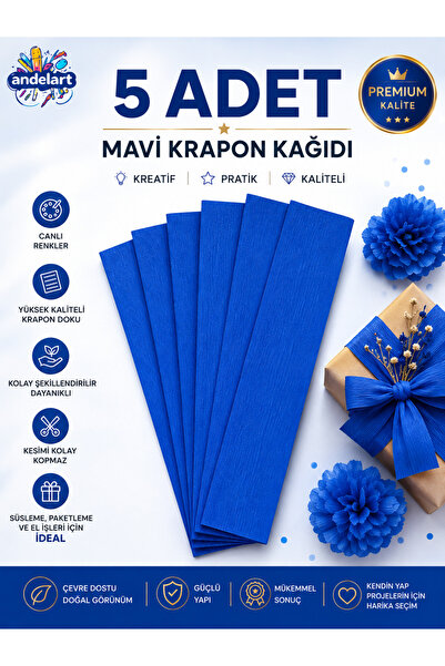andelart Mavi Krapon Kağıdı 50x200 cm 5 Adet Mavi Grapon Kağıdı Okul Sınıf Et...