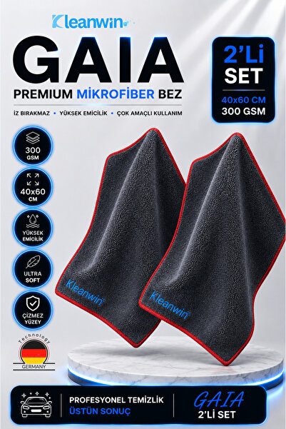 Kleanwin Gaia 2'li 50x70cm Mikrofiber Kurulama Bezi 300 GSM | Oto Kurulama Ha...