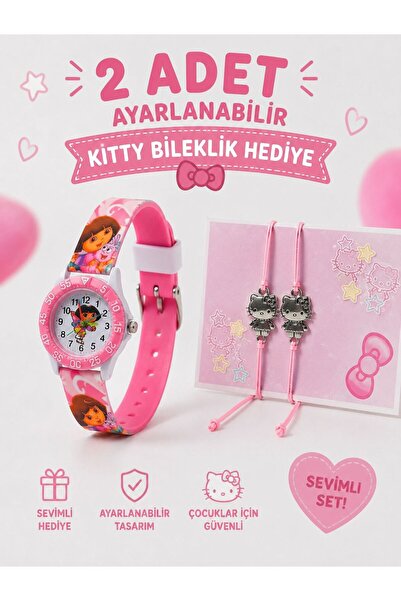 Ct Figürlü Ayarlanabilir Pembe Kordonlu Kız Çocuk Saati + 2 Adet Kitty Bilekl...