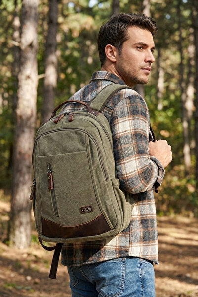 ÇÇS 51398 Cotton Canvas Backpack with Laptop Compartment School Bag Green