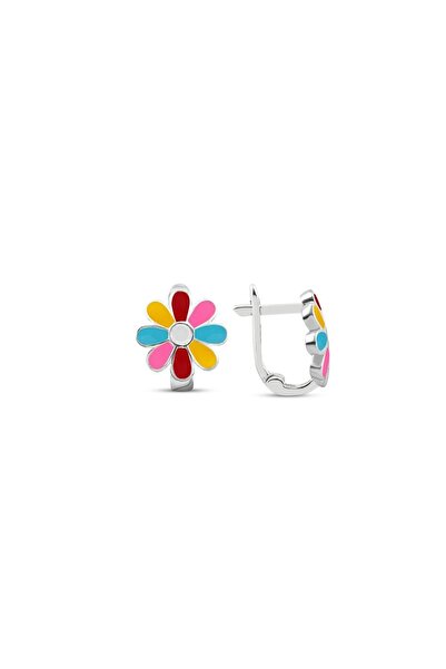 SUNSHINE 925 Ayar Rodyum Kaplamalı Multicolour Mineli Papatya Çocuk Gümüş Küpe