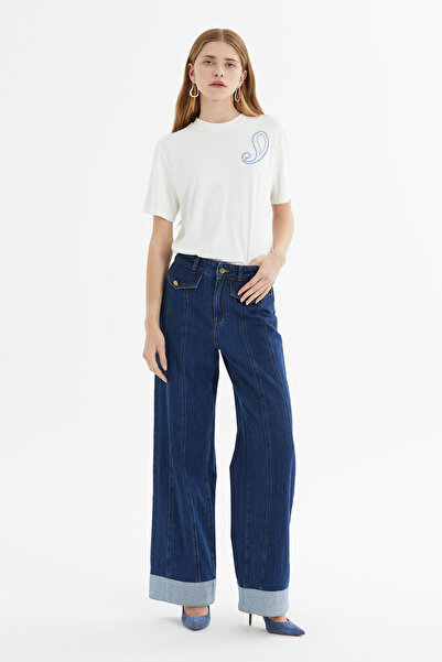 kı.we Cep Kapaklı Paçası Kemer Köprü Geçişli Geniş Paça Denim Pantolon