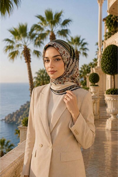 Vissona %100 Twill İpek Şal Desenli Haki Renkli 90x90 Eşarp Dikim Şekli : El ...