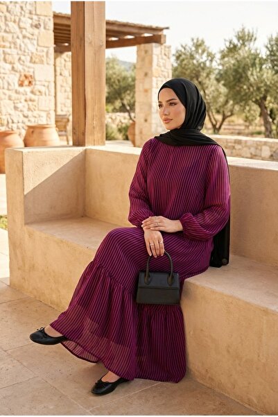 PALME D'OR Women's Striped Chiffon Dress with Separate Inner Lining Layered H...