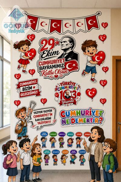 Göktuğ Hediyelik 29 Ekim Okul Süsleme Kiti Kapı ve Duvar süsleri 200x100cm Folyo