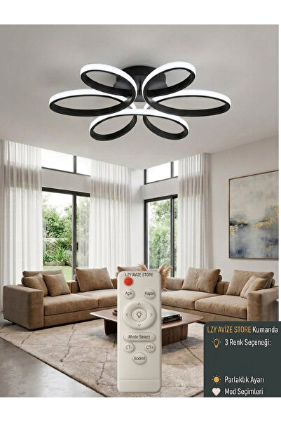 Lzy Avize Store Flora 6’lı Siyah Plafonyer Kumandalı LED Avize 3 Renk | Premi...