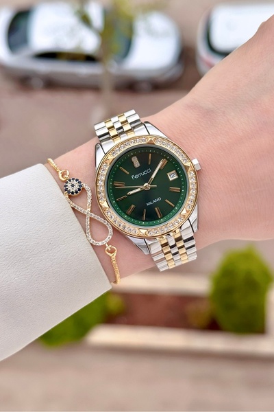 Ferrucci Dial Green Band Gold Gray Color 34 mm Women's Wristwatch and Bracelet
