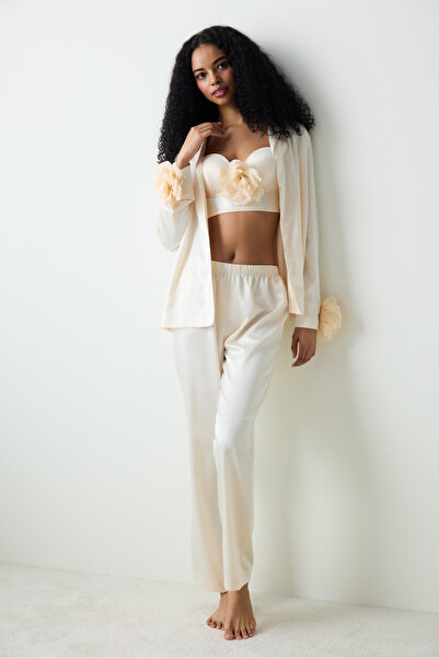Penti Roses Satin Shirt Pants Cream Pajama Set