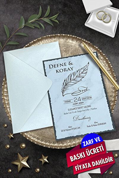 Cem Davetiye Düğün Nişan Nikah Kına Davetiyesi 7103 (100 ADET) Baskı Dahil