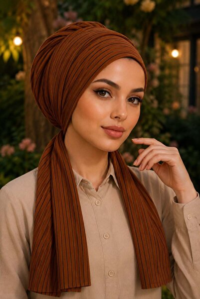 Aişe tesettür Tan Striped Scarf Bonnet
