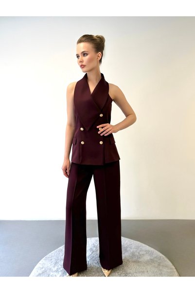 ossons Stylish Gold Button Detailed Shawl Collar Vest and Plum Trousers Set