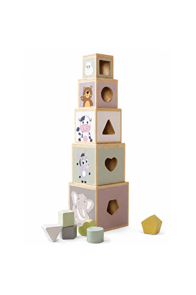SERSIMO Cuburi educative din lemn, 5 piese cu forme geometrice, 48 cm, multic...