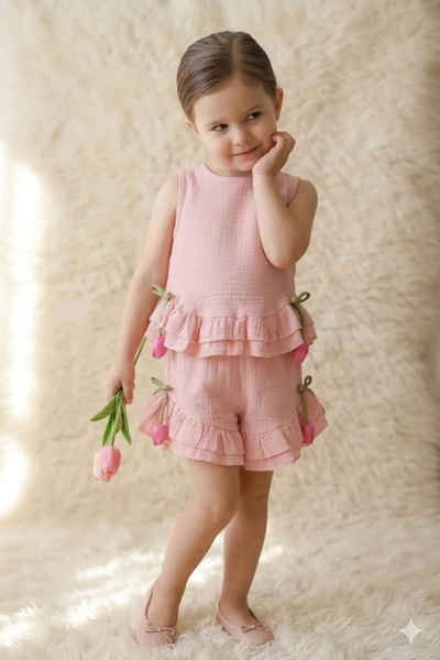 Kidmark Çocuk Modası Girl's Tulip Flower Decorated Muslin Set
