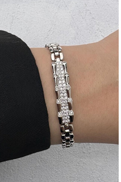 Leo'Stone Gümüş Renk Taş Detaylı Orta Plaka Silver Kadın Çelik Bileklik Kararmaz Renk Atmaz