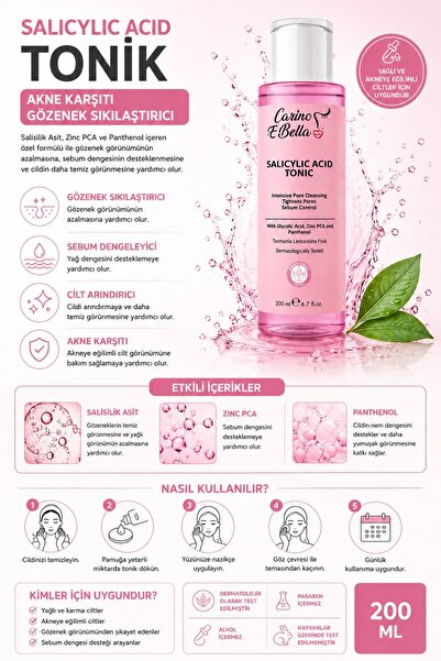 Carino E Bella Salicylic Acid Tonik 200 ML – Akne Karşıtı Gözenek Sıkılaştırıcı Tonik