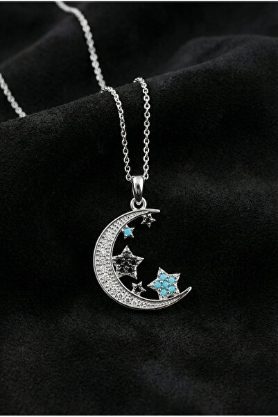 Roza Silver 925 Ayar Turkuaz Taşlı Rodyum Ay Yıldız Gökyüzü Gümüş Kolye