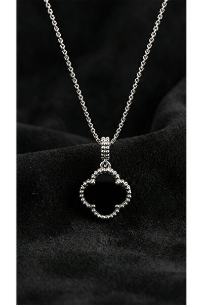 Roza Silver 925 Ayar Oniks Taşlı Rodyum Van Cleef Yonca Gümüş Kolye
