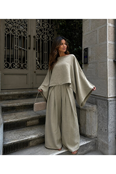 D'RECCY Set de pantaloni și bluză lejeră cu mâneci lățite din in