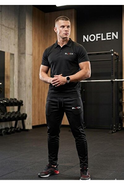Generic Brand Set de 2 pantaloni de trening și tricou cu guler polo, negru, c...